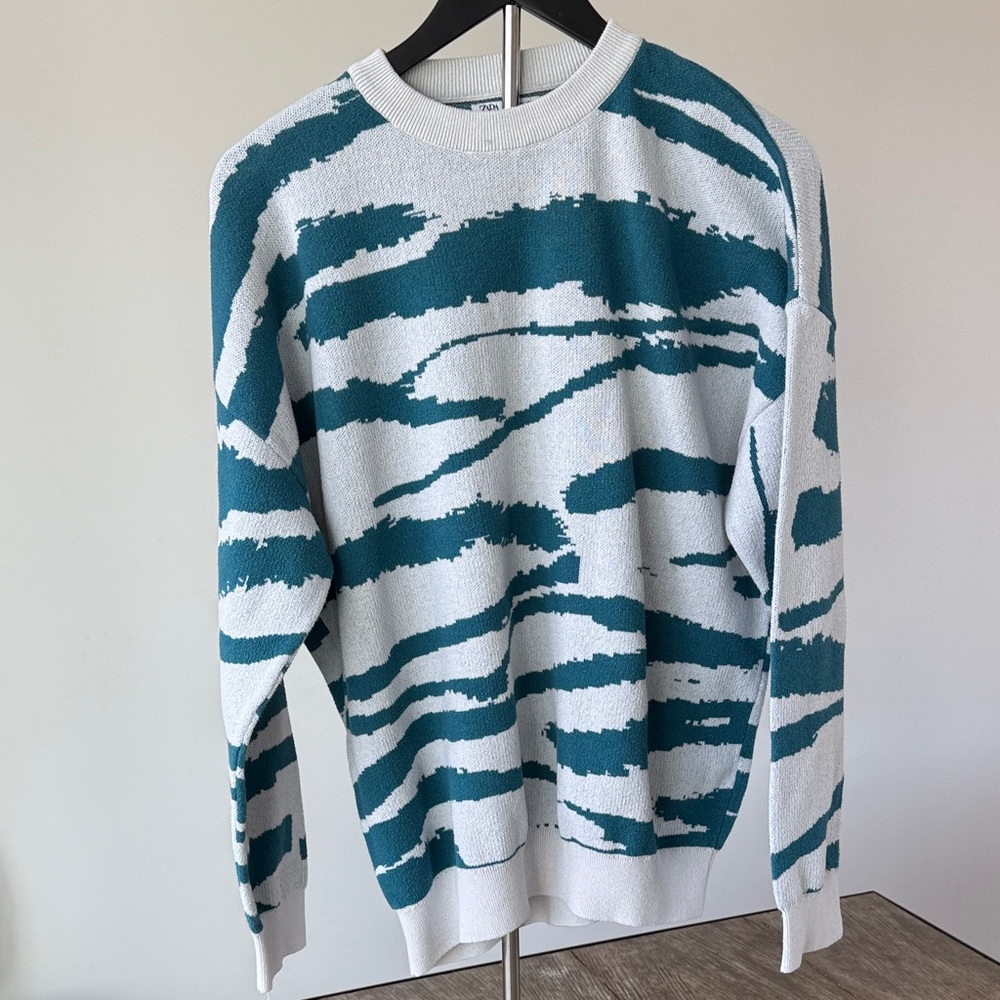 Zara Teal and White Patterned Crewneck Sweater
